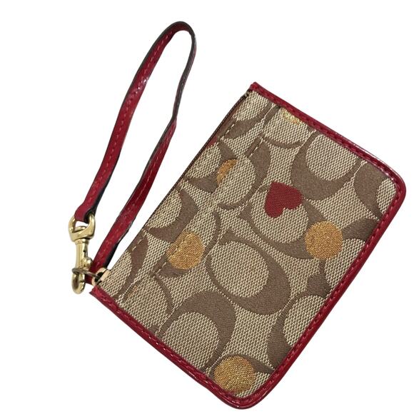 COACH! ADORABLE TAN MONOGRAM W/GOLD DOTS & HEART, RED LEATHER WRISTLET, WALLET! - Picture 11 of 11